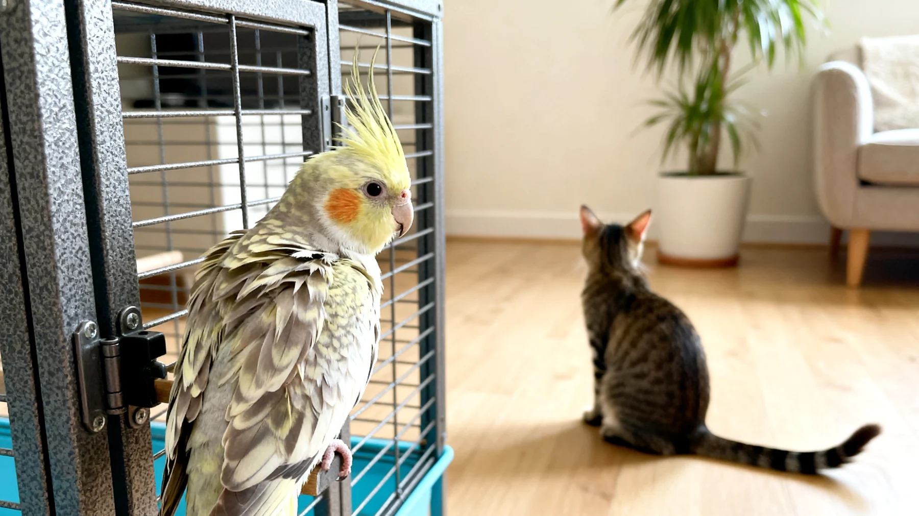 Nymphensittiche benötigen bei der Adoption eine sorgfältige Eingewöhnung an andere Haustiere im Haushalt, um Stress, Angst und potenzielle Konflikte zu vermeiden"